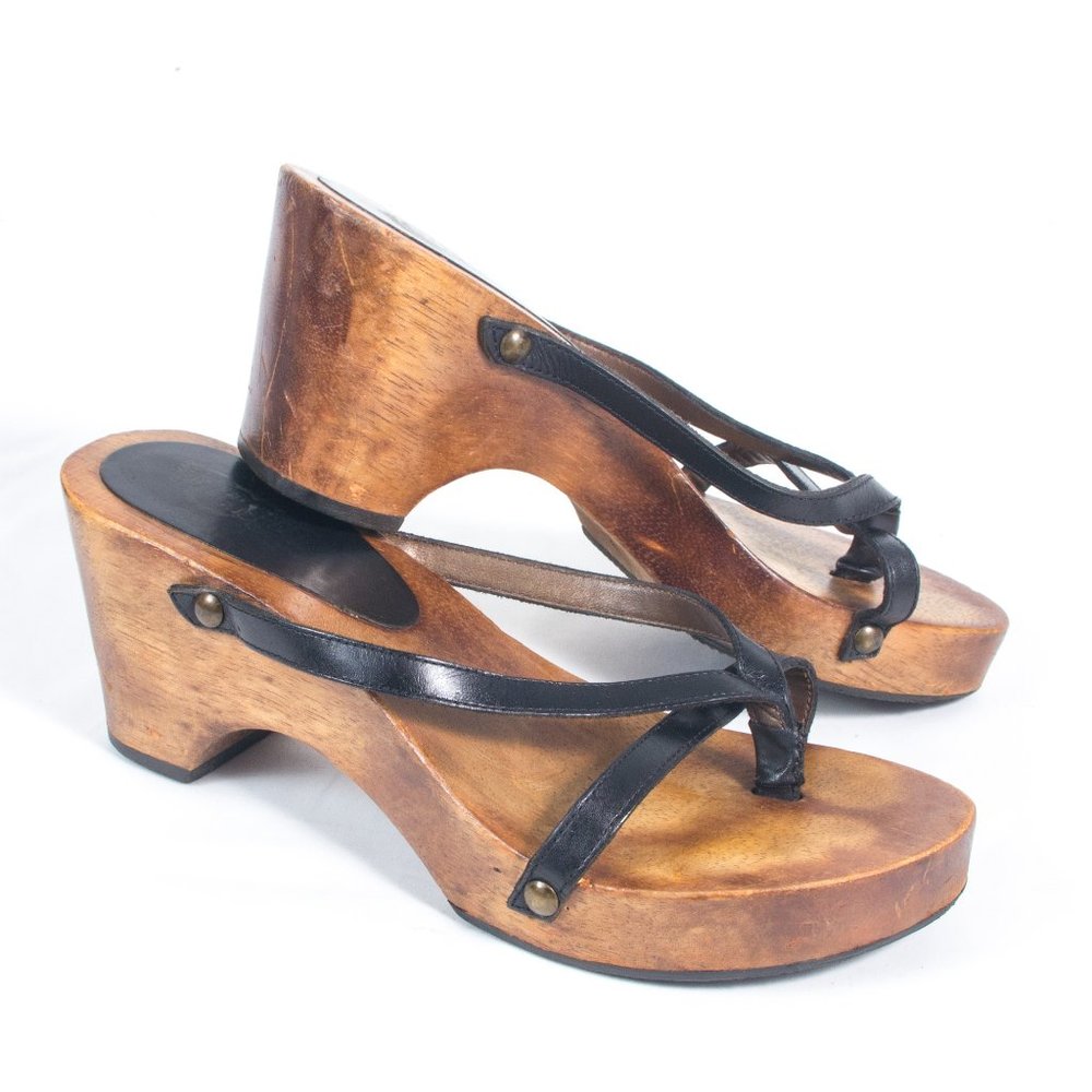 VTG 90's Black Leather & Wood Platform Sandals